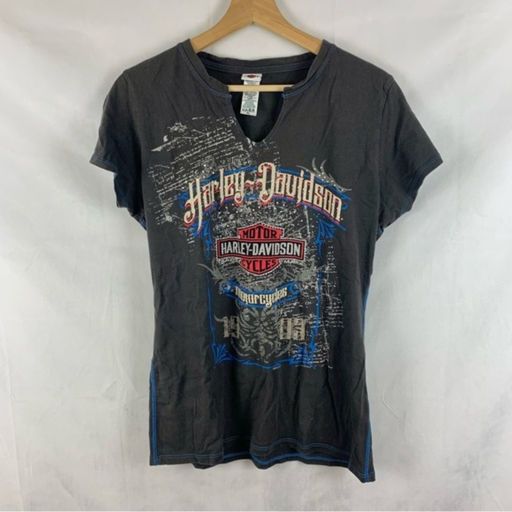 HARLEY DAVIDSON Burnout Style Rhinestone‎ V-Neck T Shirt Sz L